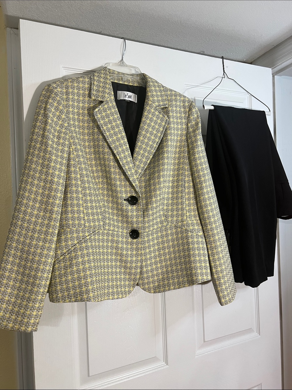 Le Suit Yellow Tweed Blazer Jacket with Black Accents and matching pants